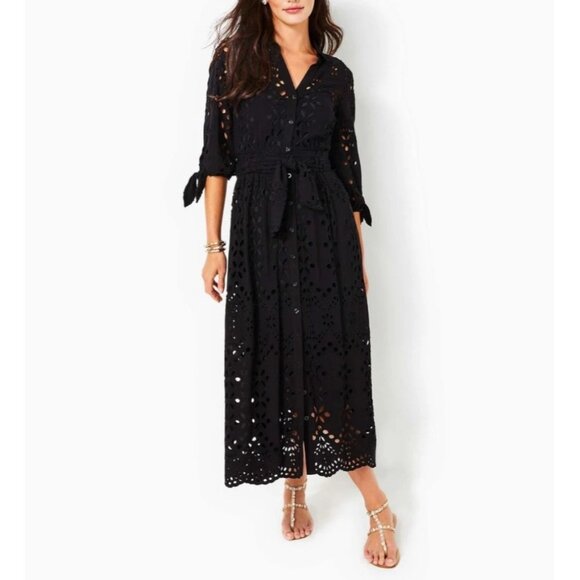 Lilly Pulitzer Maxi Dress Women Sz 00 Eyelet Button-Down Black Dressy Dress - Picture 1 of 13